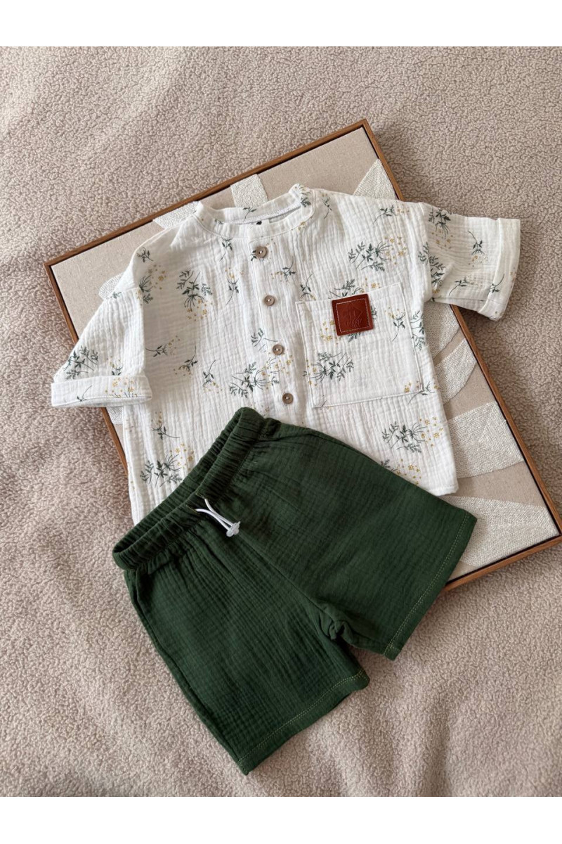 Chemise imprimé fleur short vert en mousseline (gaze de coton) pour bébé