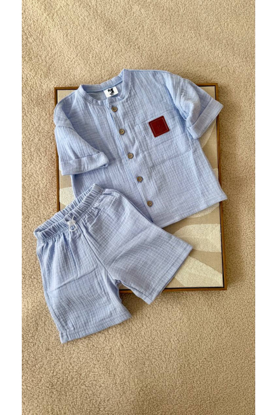 Chemise et short en mousseline (gaze de coton) pour bébé blue