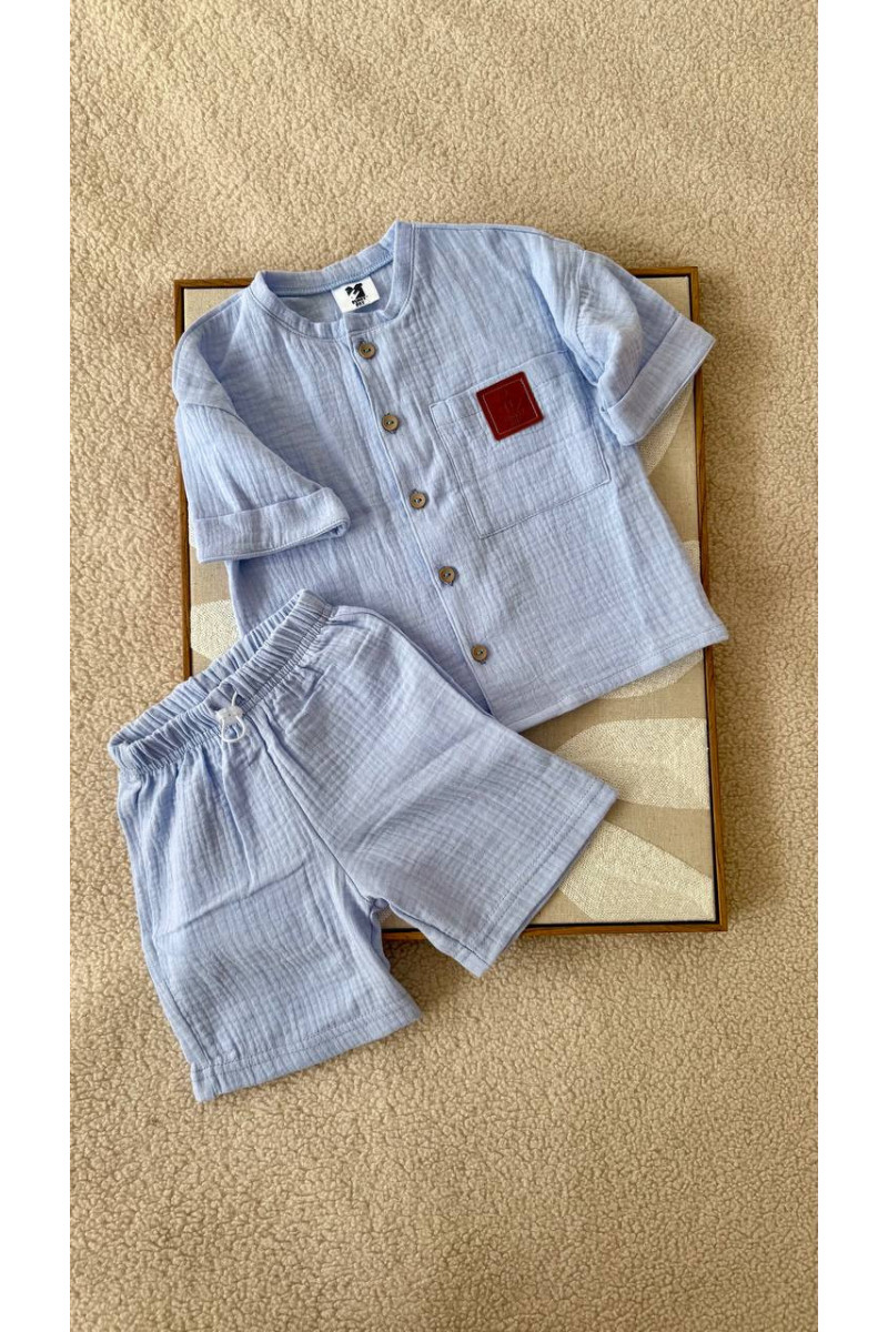 Chemise et short en mousseline (gaze de coton) pour bébé blue