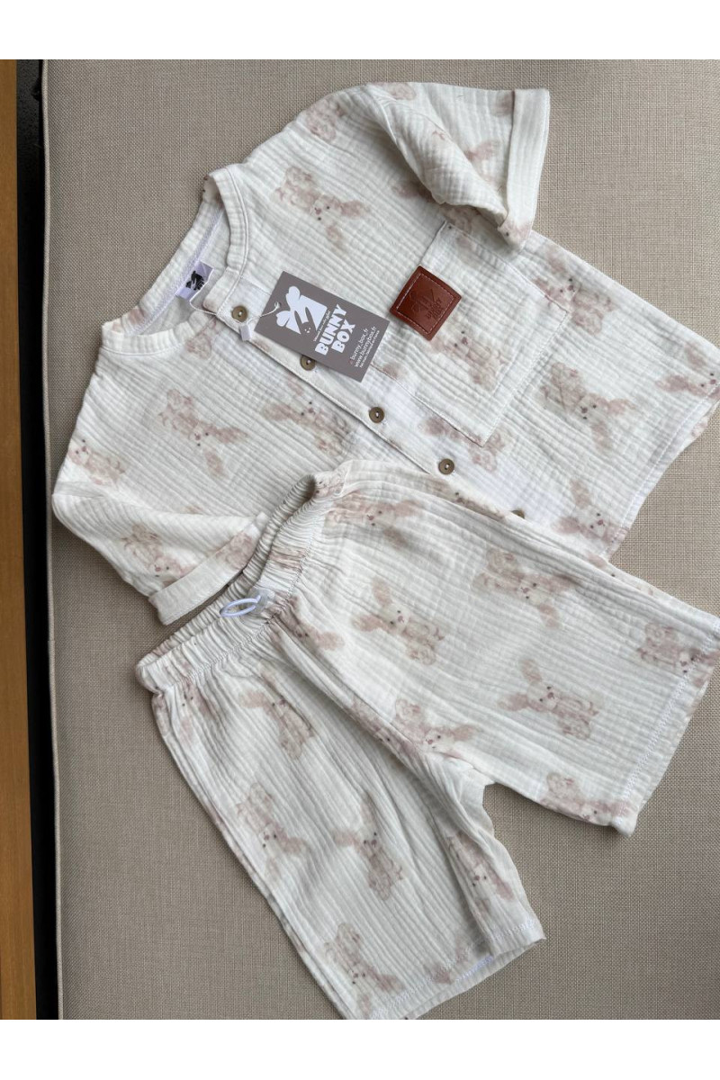 Chemise et short  en mousseline (gaze de coton) pour bébé imprimé lapin