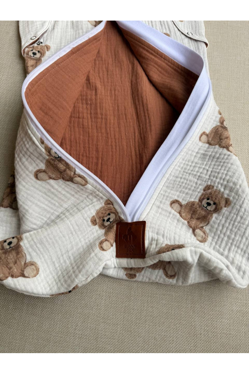Gigoteuse emmaillotage bébé TOG 1.0 en double gaze de coton  imprimé ourse – Fait main