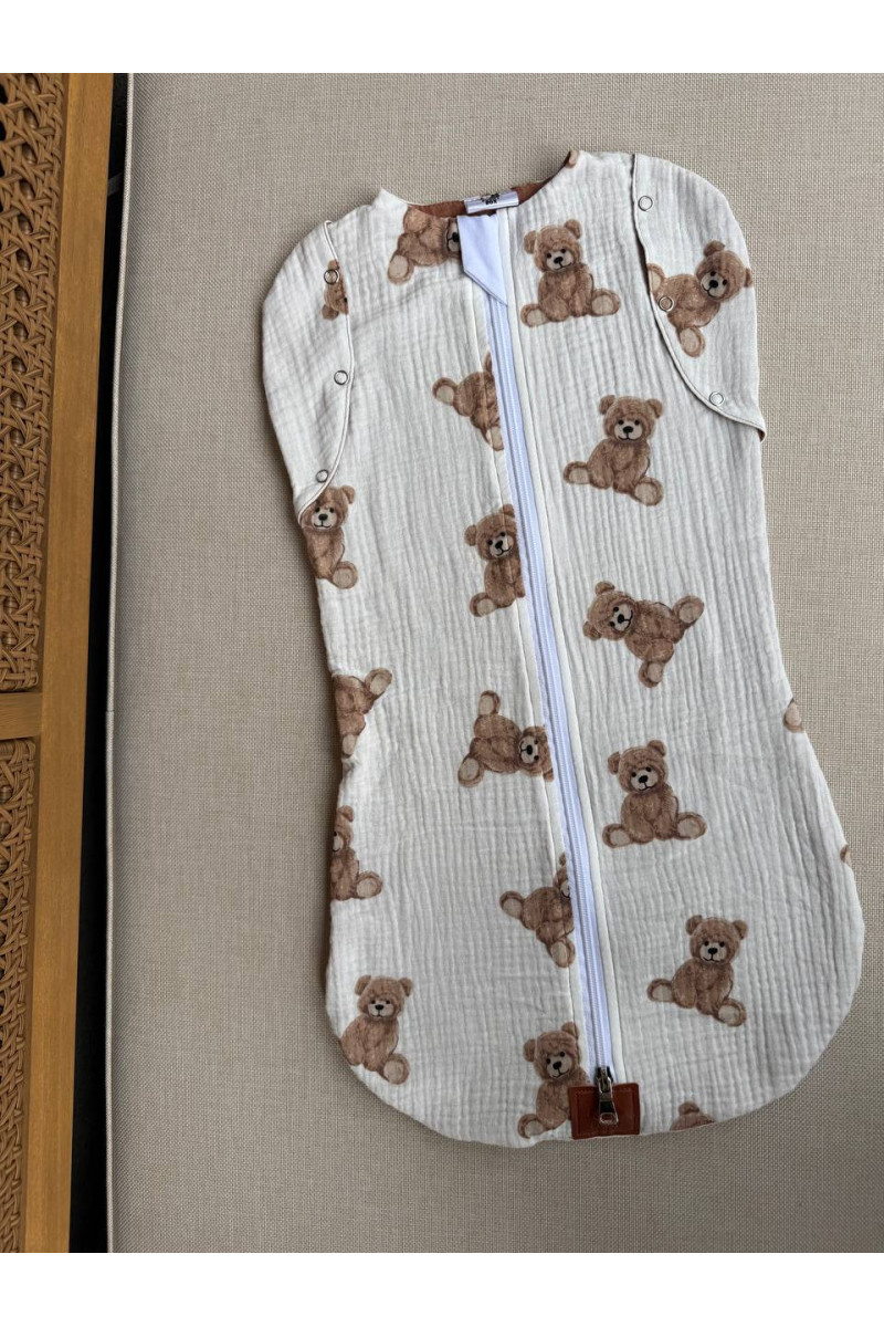 Gigoteuse emmaillotage bébé TOG 1.0 en double gaze de coton  imprimé ourse – Fait main