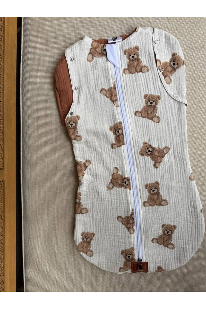 Gigoteuse emmaillotage bébé TOG 1.0 en double gaze de coton  imprimé ourse – Fait main