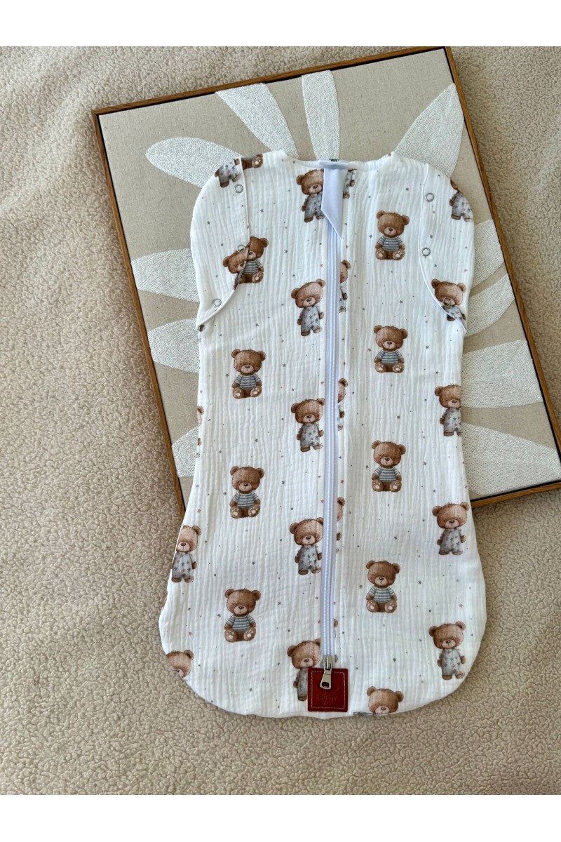 Gigoteuse emmaillotage bébé TOG 1.0 en double gaze de coton  imprimé ours  – Fait main