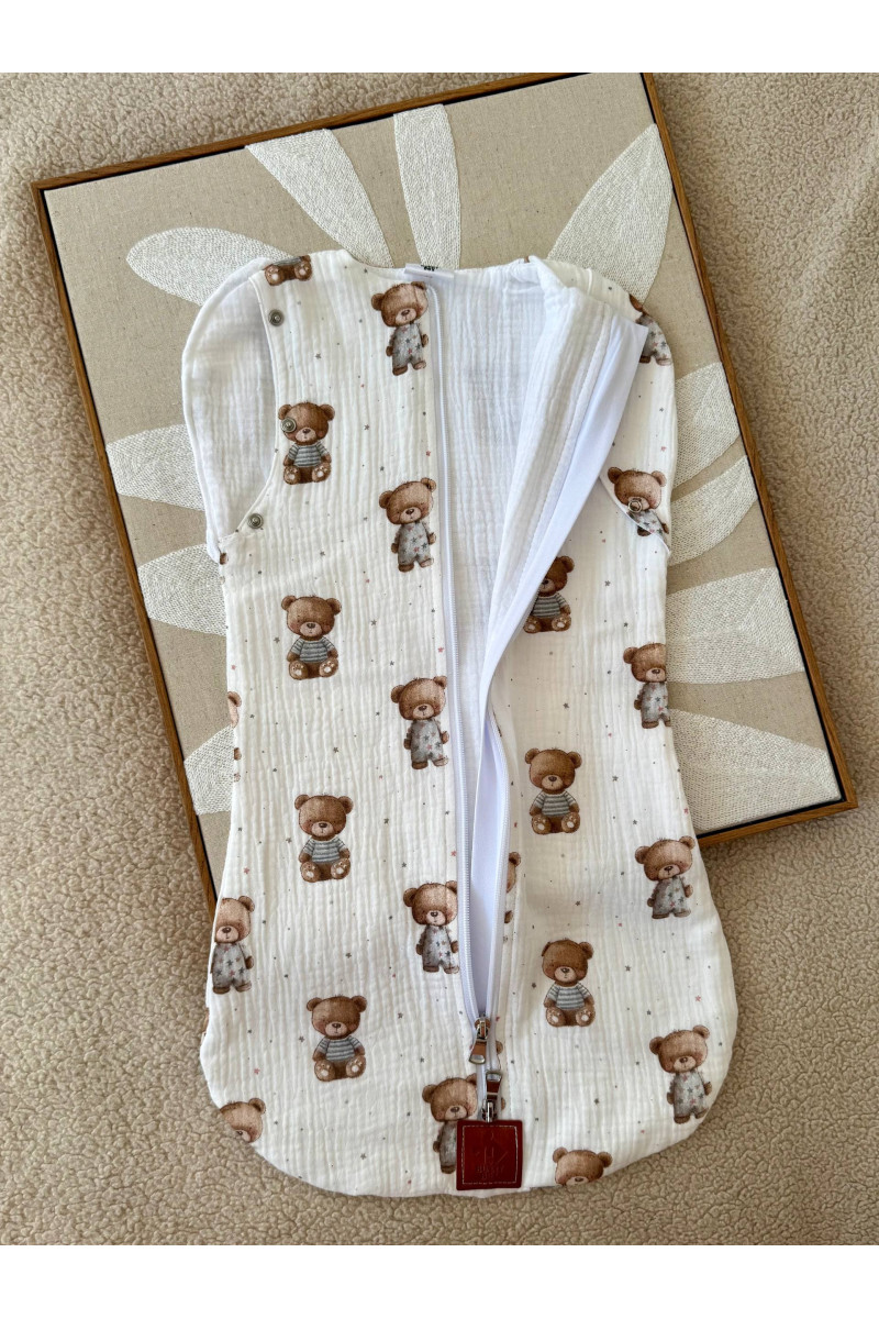 Gigoteuse emmaillotage bébé TOG 1.0 en double gaze de coton  imprimé ours  – Fait main