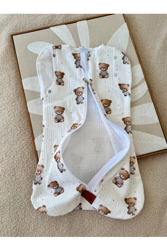 Gigoteuse emmaillotage bébé TOG 1.0 en double gaze de coton  imprimé ours  – Fait main