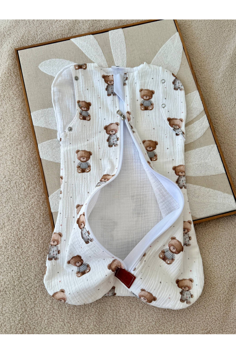 Gigoteuse emmaillotage bébé TOG 1.0 en double gaze de coton  imprimé ours  – Fait main