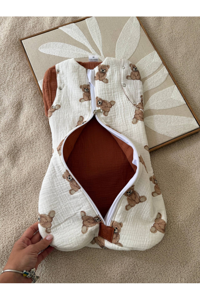 Gigoteuse emmaillotage  bébé TOG 2  en double gaze de coton imprimé oursons  Fait main