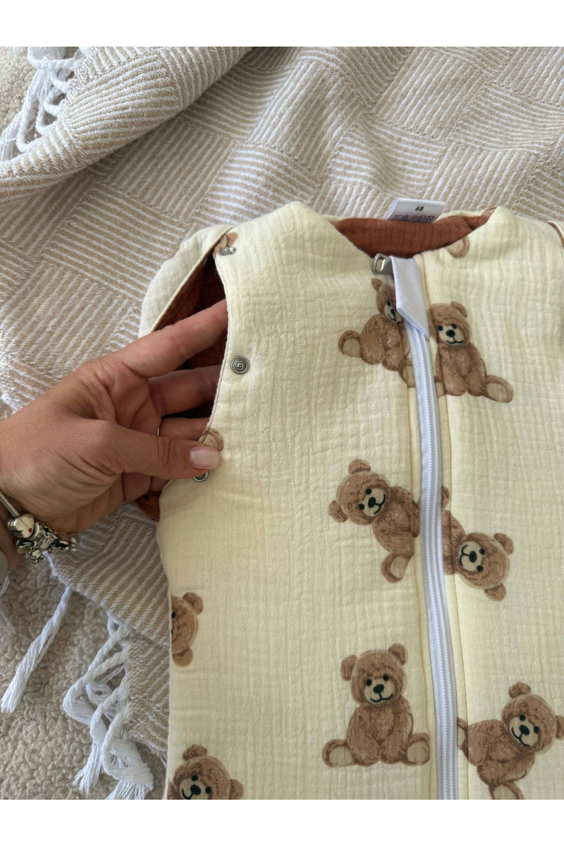 Gigoteuse emmaillotage  bébé TOG 2  en double gaze de coton imprimé oursons en crème Fait main