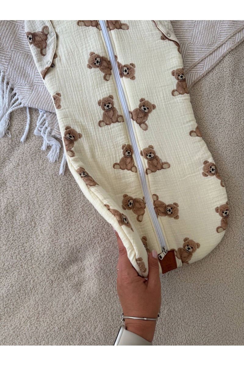 Gigoteuse emmaillotage  bébé TOG 2  en double gaze de coton imprimé oursons en crème Fait main