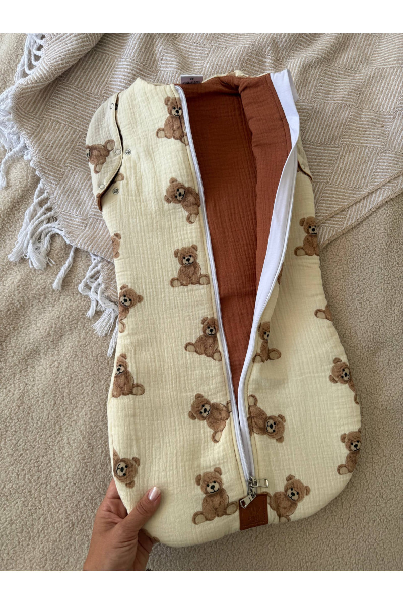 Gigoteuse emmaillotage  bébé TOG 2  en double gaze de coton imprimé oursons en crème Fait main