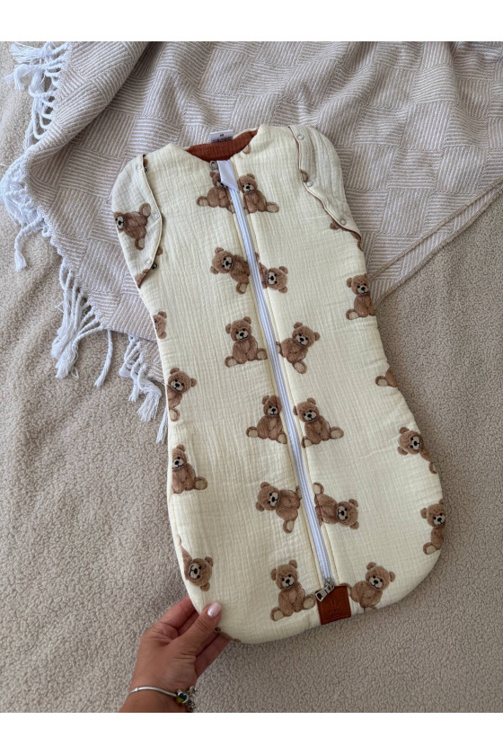 Gigoteuse emmaillotage  bébé TOG 2  en double gaze de coton imprimé oursons en crème Fait main