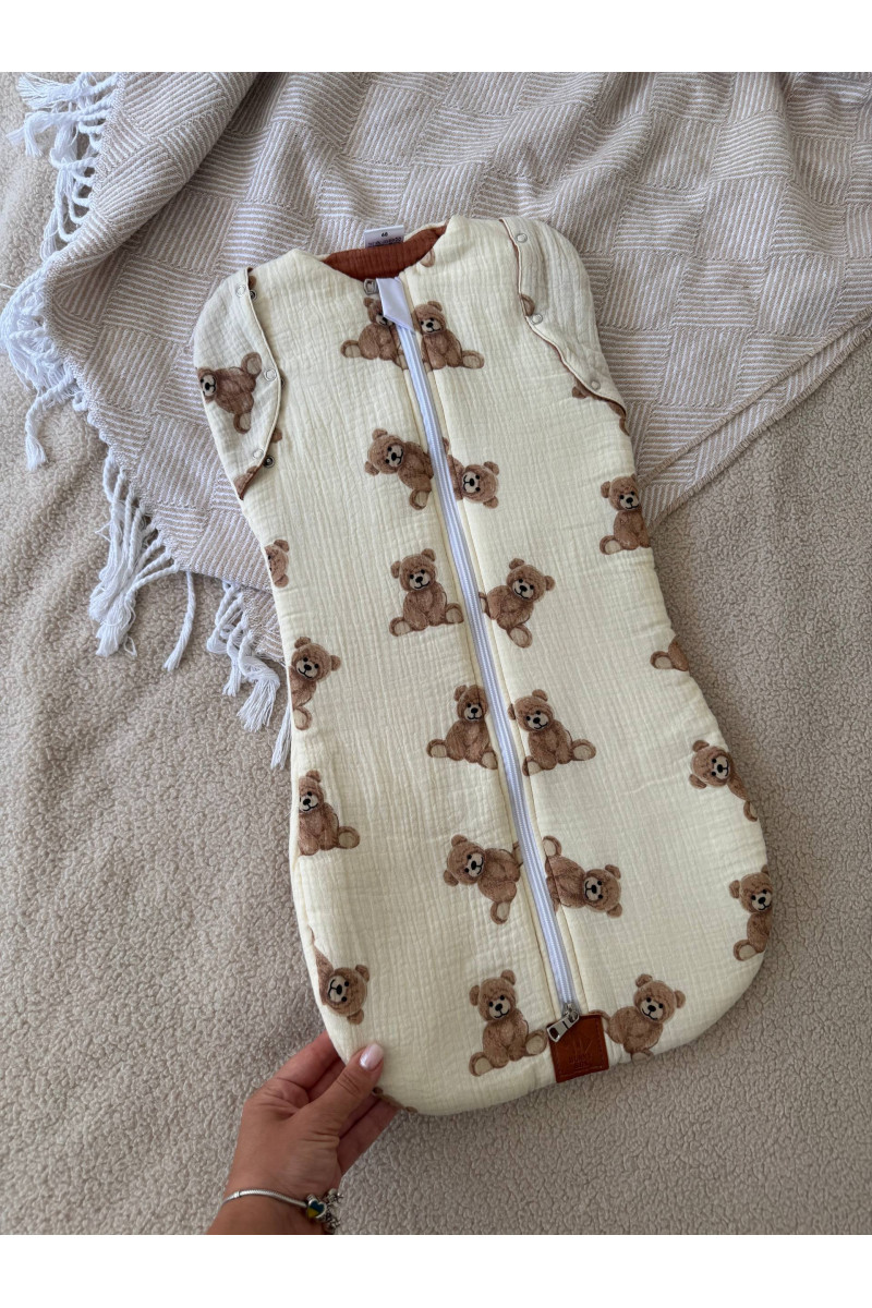 Gigoteuse emmaillotage  bébé TOG 2  en double gaze de coton imprimé oursons en crème Fait main