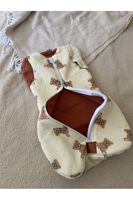 Gigoteuse emmaillotage  bébé TOG 2  en double gaze de coton imprimé oursons en crème Fait main