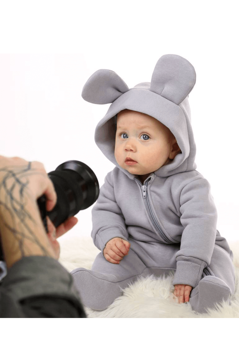 COMBI-PILOTE "MICKEY" AVEC CAPUCHE EN TISSU GRIS CLAIR DOUBLÉ DE POLAIRE 56-74