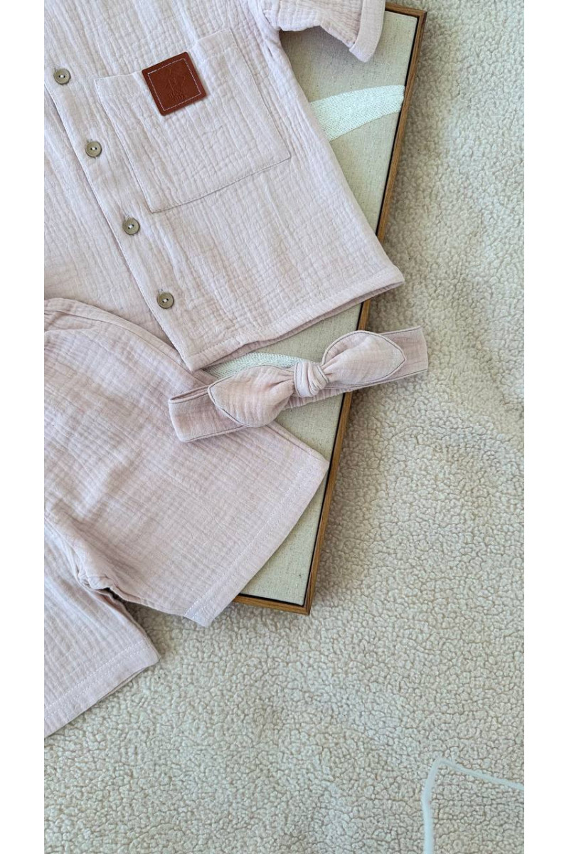 Chemise et short en mousseline (gaze de coton) pour bébé  rose poudré