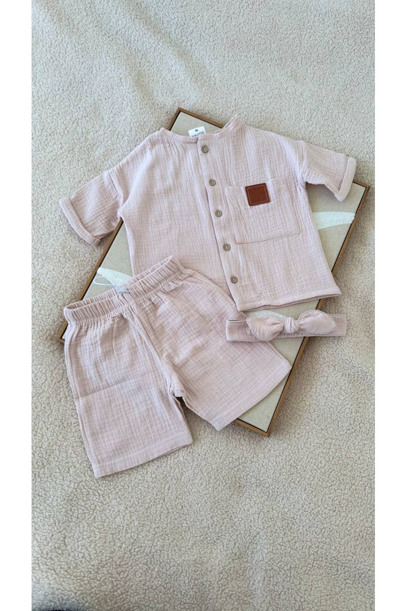 Chemise et short en mousseline (gaze de coton) pour bébé  rose poudré