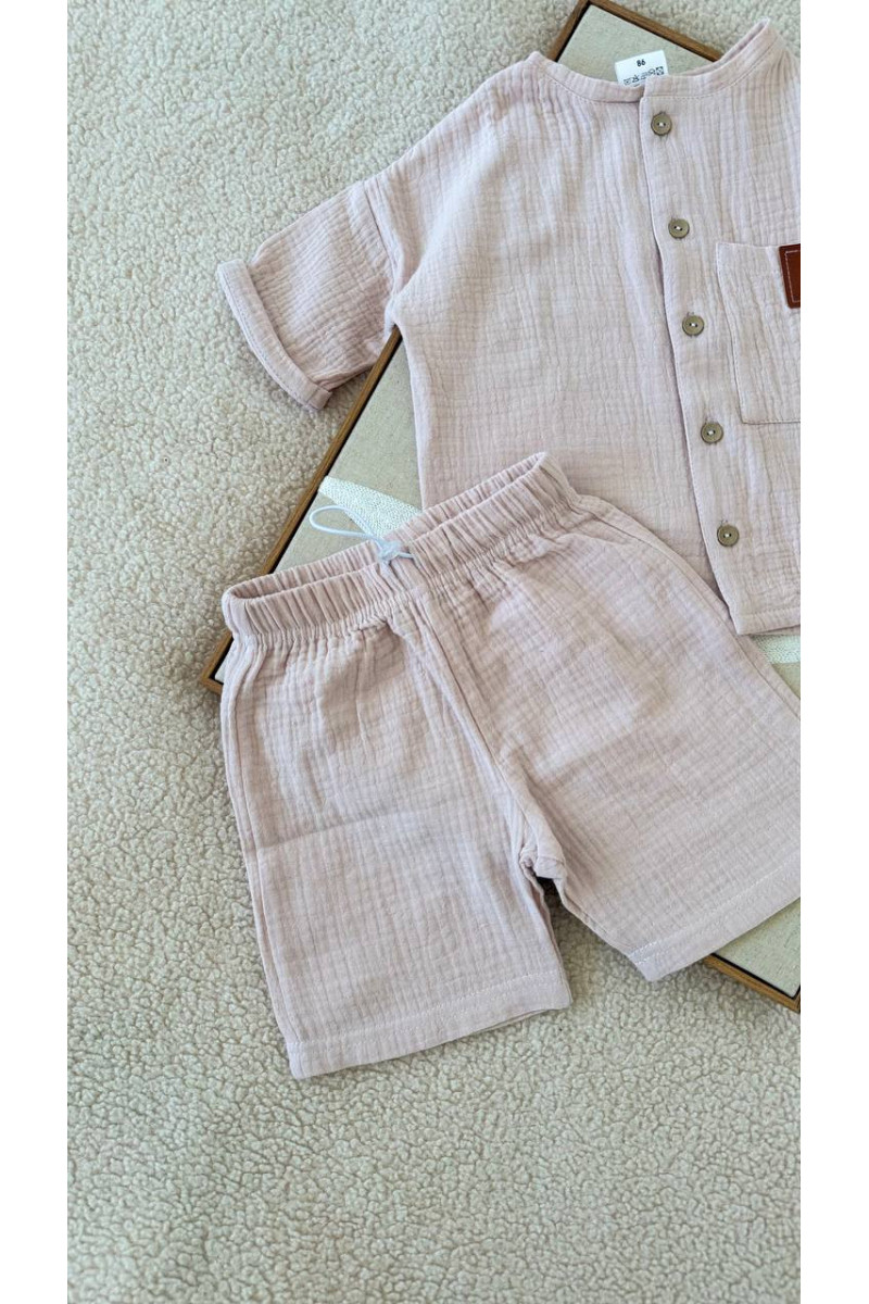 Chemise et short en mousseline (gaze de coton) pour bébé  rose poudré