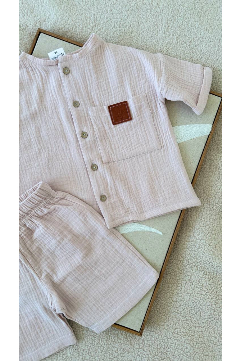 Chemise et short en mousseline (gaze de coton) pour bébé  rose poudré
