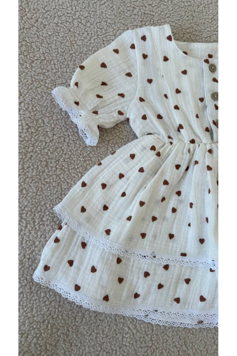 Robe bébé fille en gaze de coton avec dentelle – robe d'été doublée imprimée cœurs – vêtement bébé chic et confortable