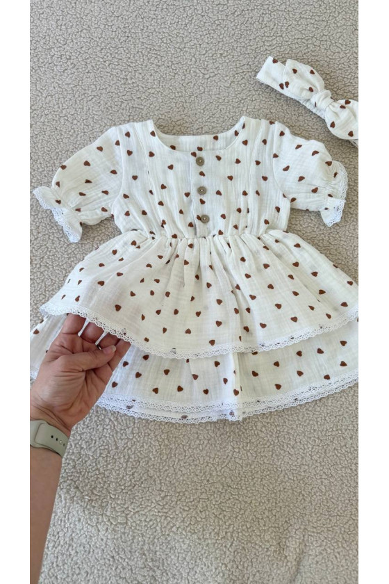 Robe bébé fille en gaze de coton avec dentelle – robe d'été doublée imprimée cœurs – vêtement bébé chic et confortable