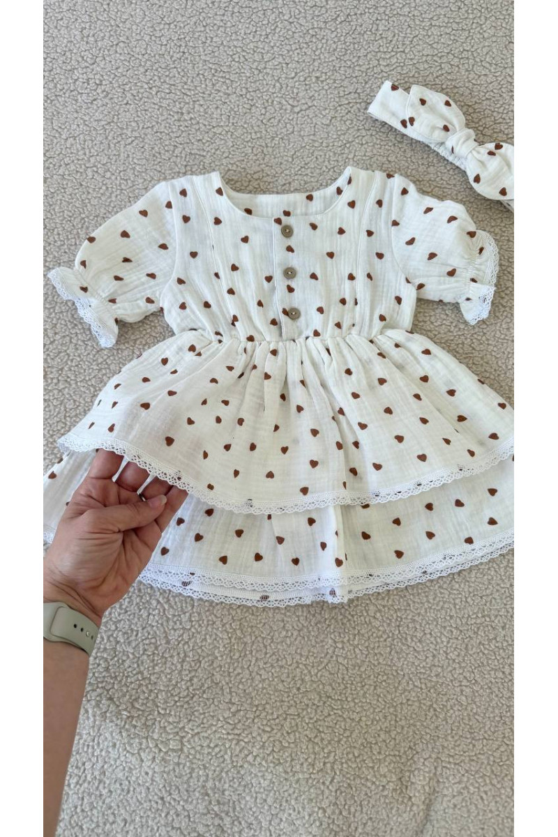 Robe bébé fille en gaze de coton avec dentelle – robe d'été doublée imprimée cœurs – vêtement bébé chic et confortable