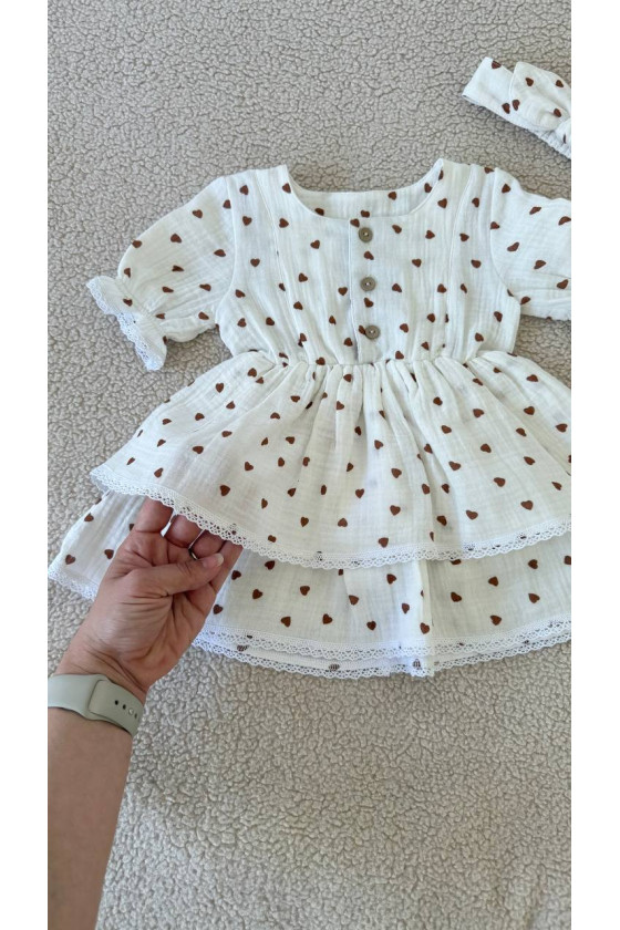 Robe bébé fille en gaze de coton avec dentelle – robe d'été doublée imprimée cœurs – vêtement bébé chic et confortable
