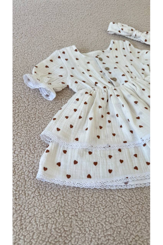 Robe bébé fille en gaze de coton avec dentelle – robe d'été doublée imprimée cœurs – vêtement bébé chic et confortable