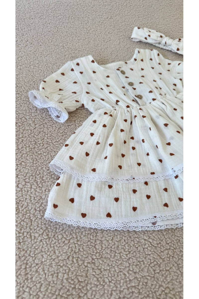 Robe bébé fille en gaze de coton avec dentelle – robe d'été doublée imprimée cœurs – vêtement bébé chic et confortable