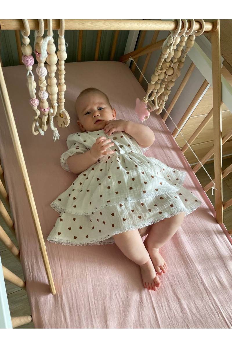 Robe bébé fille en gaze de coton avec dentelle – robe d'été doublée imprimée cœurs – vêtement bébé chic et confortable