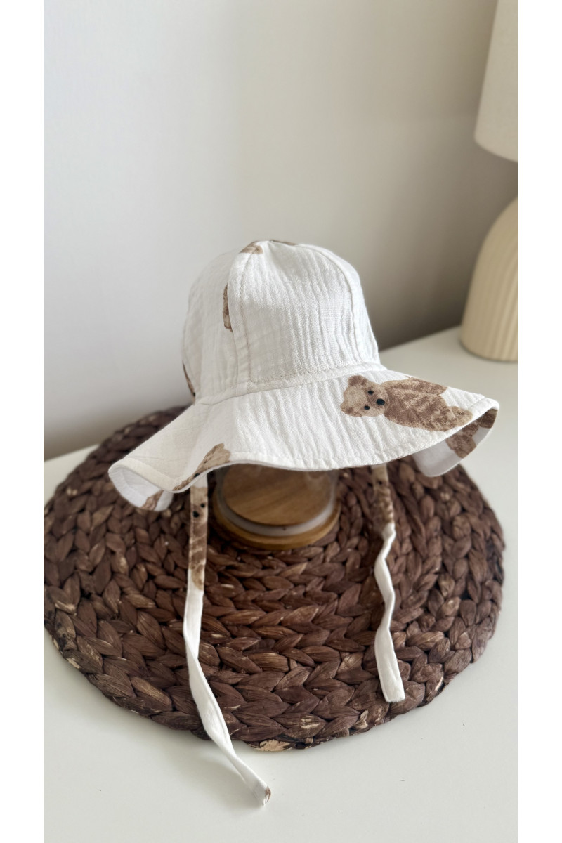 Bob bébé & enfant en gaze de coton 100 % imprimé ours – liens à nouer, chapeau d’été léger