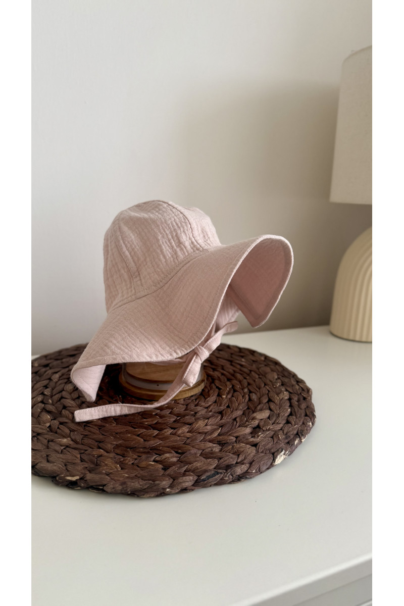 Bob bébé & enfant en gaze de coton 100 % rose poudré – liens à nouer, chapeau d’été léger