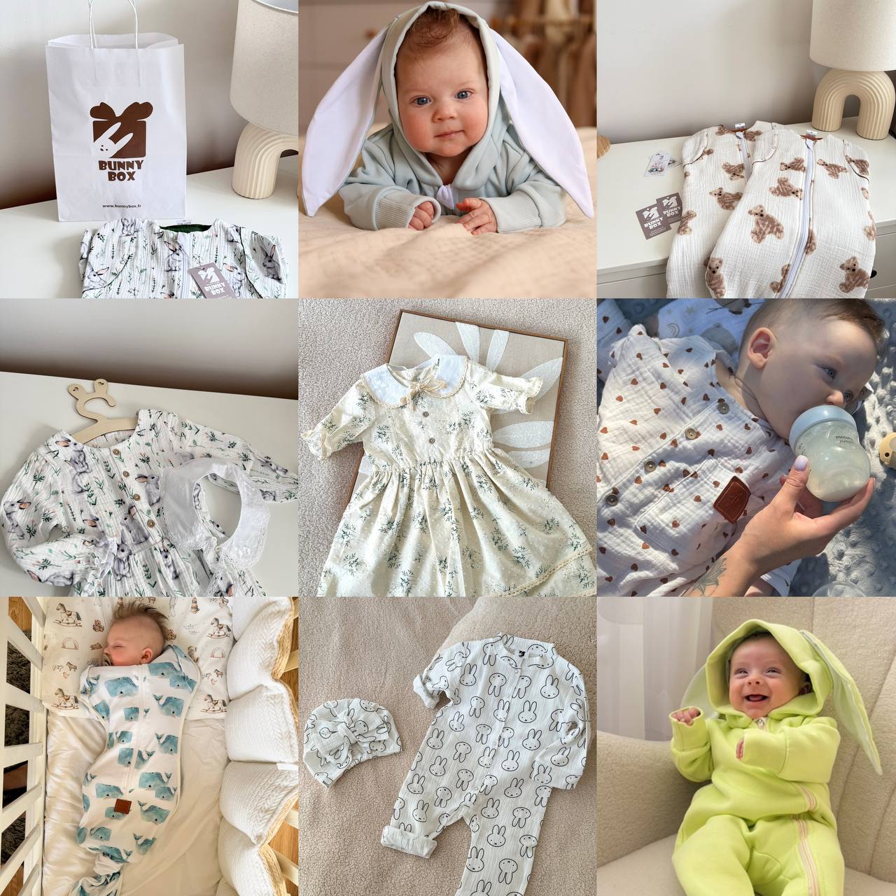 Gigoteuse d’emmaillotage bébé fait main en tissu naturel, combinaison bébé à oreilles de lapin, robe bébé avec col amovible faite main